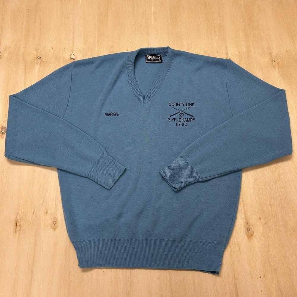 Vintage McBriar Sweater Womens Large Blue V Neck Tight-Knit Bowling Embroidered